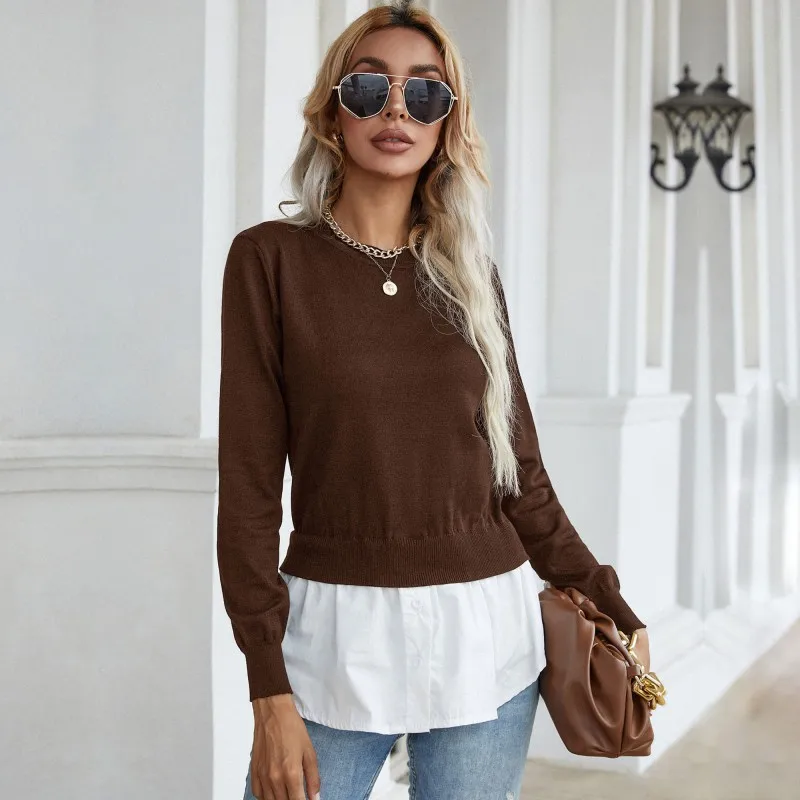 European and American Temperament Commuter Autumn New Product Slim Slimming Knitted Stitching Shirt Fake Two Sweater Women
European and American Temperament Commuter Autumn New Product Slim Slimming Knitted Stitching Shirt Fake Two Sweater Women