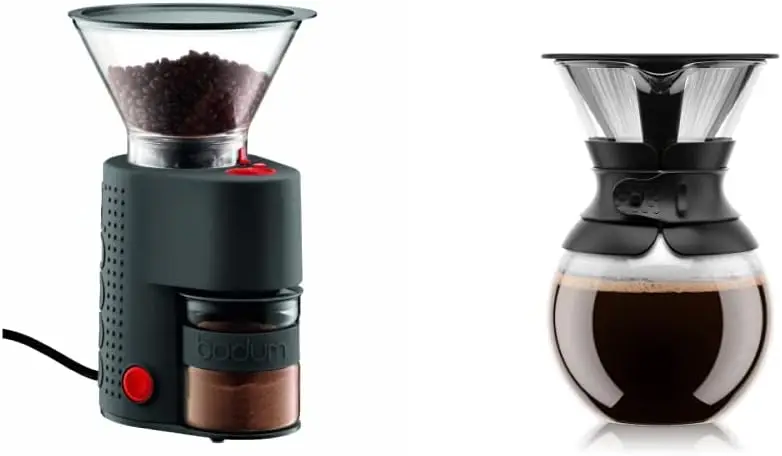 

Bistro Burr Coffee Grinder, 1 EA, Black & Pour Over Coffee Maker with Permanent Filter, 1 Liter, 34 Ounce, Black Band