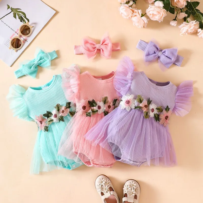 

Infant Girl Romper Dress Flower Leaves Embroidery Rib Knit Fly Sleeve Tulle Skirt Hem Jumpsuits Baby Bodysuits with Headband