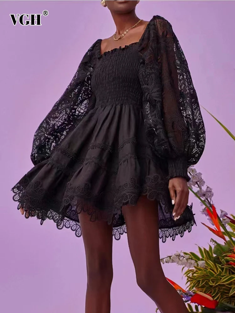 VGH Sexy Patchwork Lace Black Dress For Women Square Collar Long Lantern Sleeve High Waist Mini Dresses Female 2022 Clothing New
VGH Sexy Patchwork Lace Black Dress For Women Square Collar Long Lantern Sleeve High Waist Mini Dresses Female 2022 Clothing New