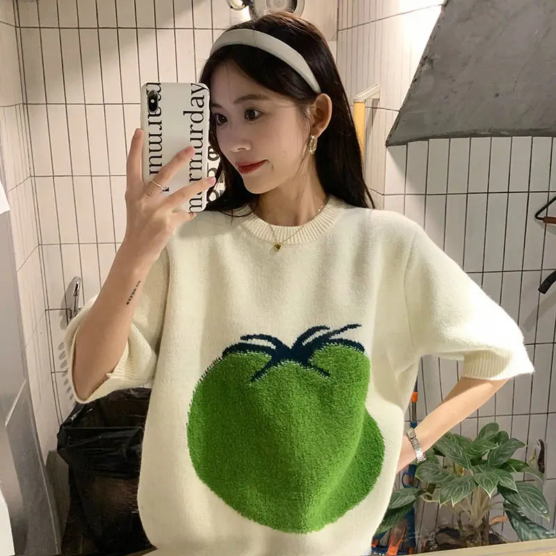 Spring Autumn Spandex Women's Sweater Round Collar Middle Sleeve Pullover Loose Knitted Tomato Print Fashion Streetwear Sweater
Spring Autumn Spandex Women's Sweater Round Collar Middle Sleeve Pullover Loose Knitted Tomato Print Fashion Streetwear Sweater