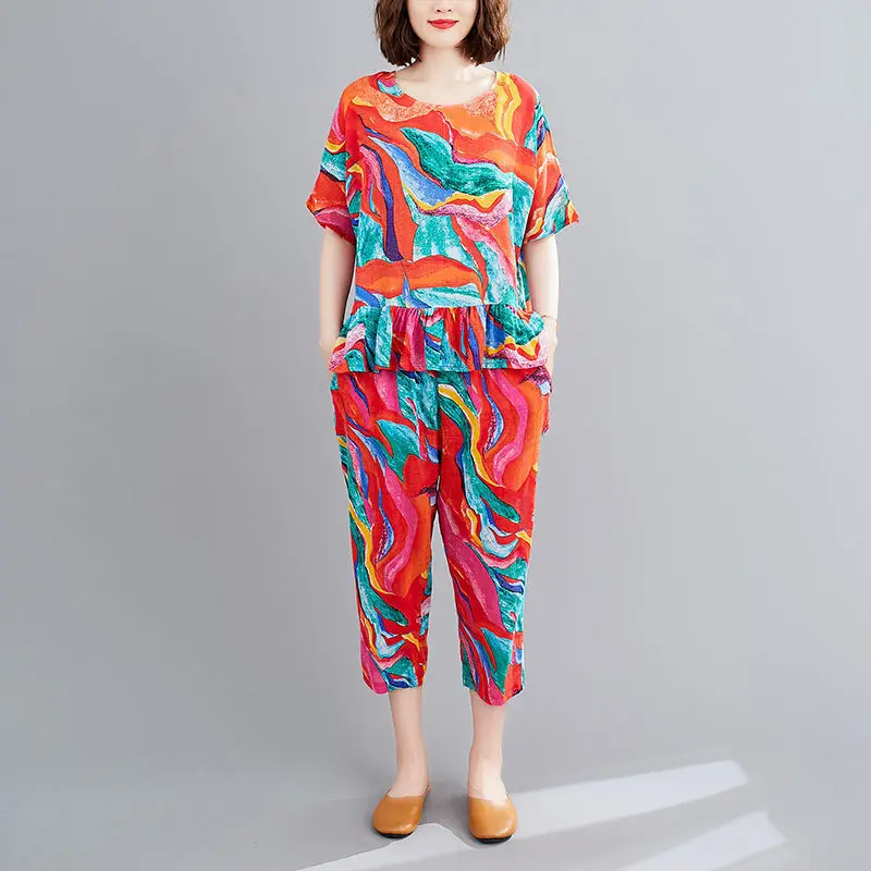 Women 2022 Summer Fashion Large Size Suits Female Short Sleeve Casual Printed Tops + Loose Harem Pants Ladies Two-piece Sets W73
Women 2022 Summer Fashion Large Size Suits Female Short Sleeve Casual Printed Tops + Loose Harem Pants Ladies Two-piece Sets W73