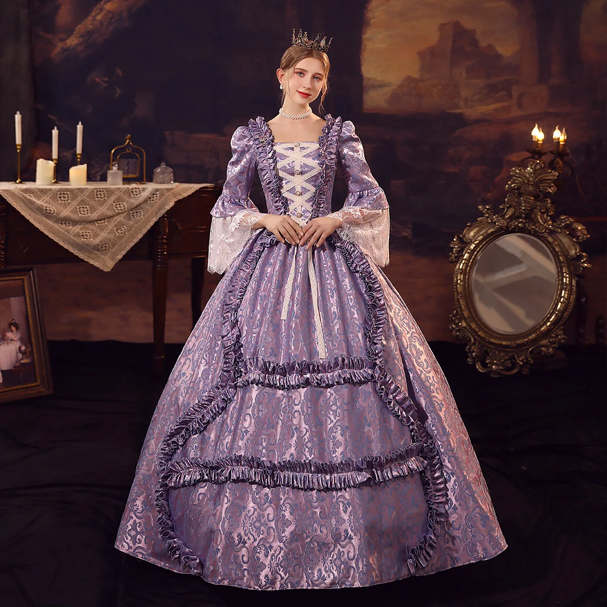 

Purple Floral Jacquard Gothic Victorian Era Dress Women Masquerade Ball Gown Theater Costume