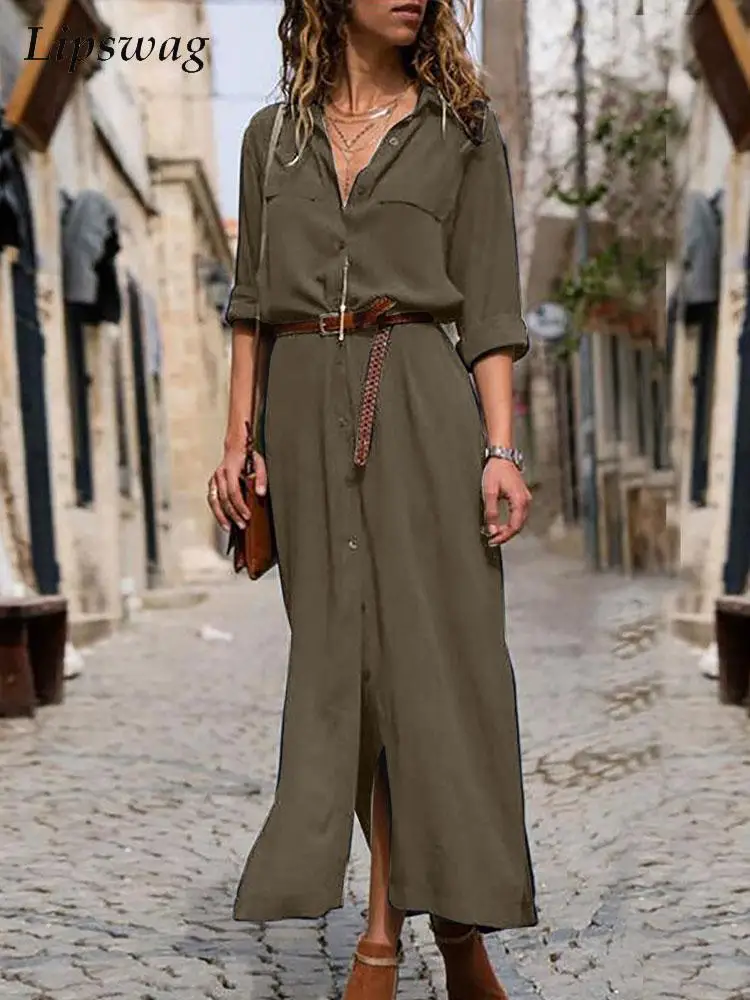 Elegant Single-breasted Button Shirt Dress Women Fashion Solid Long Sleeve Party Dress Casual Office Lady Lapel Slit Long Dress
Elegant Single-breasted Button Shirt Dress Women Fashion Solid Long Sleeve Party Dress Casual Office Lady Lapel Slit Long Dress