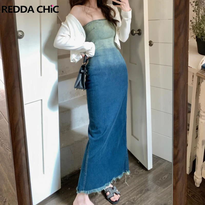 

REDDACHiC Gradient Vintage Evening Dress with Slit Back Blue Jean Corset Midi Long Dress Skinny Sexy Bodycon Summer Y2k Clothes