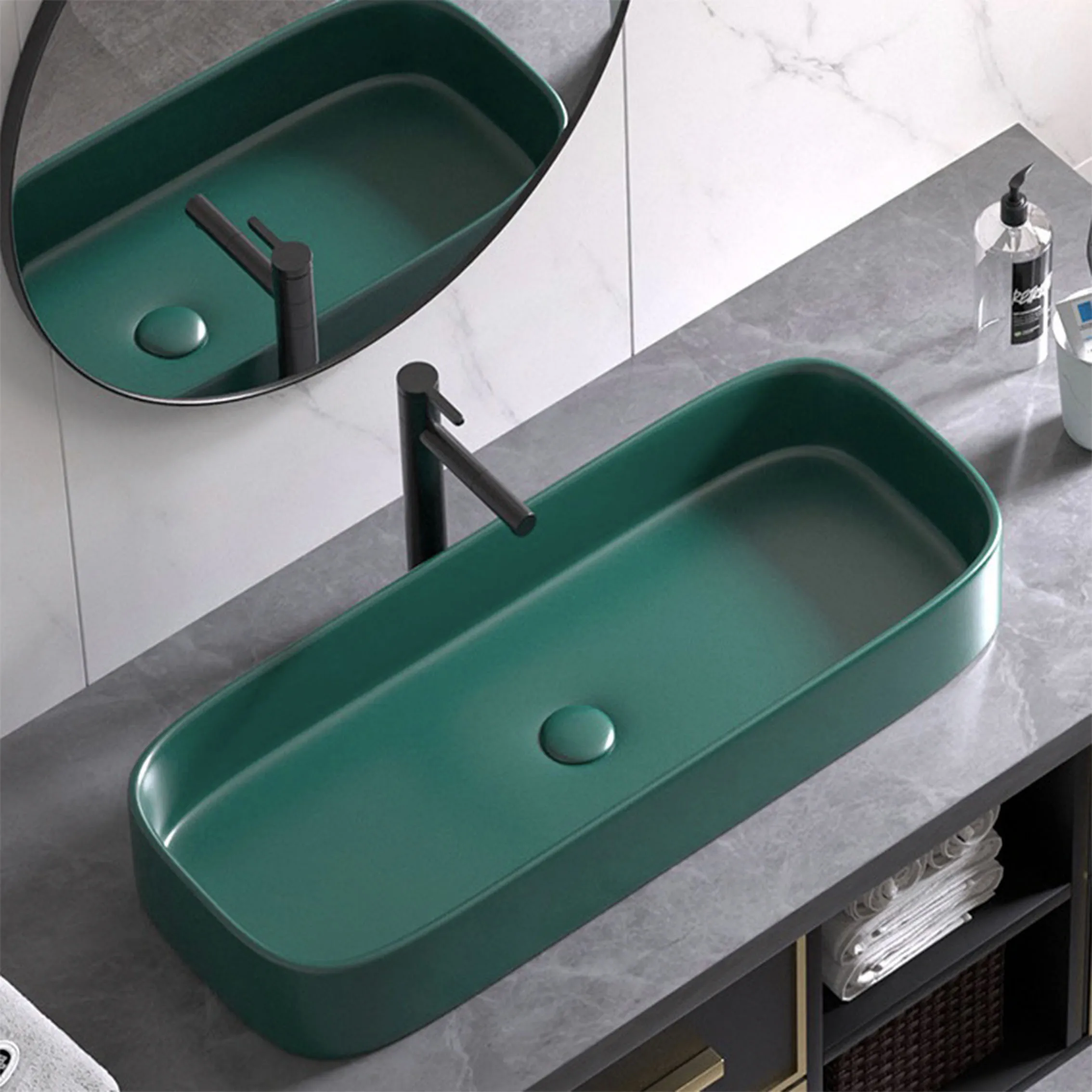 Dull Matte Dark Green Hotel Countertop Washbasin Rectangular 950*383*135mm Ceramic Basin Countertop Sink With Full Drain Sets
Dull Matte Dark Green Hotel Countertop Washbasin Rectangular 950*383*135mm Ceramic Basin Countertop Sink With Full Drain Sets