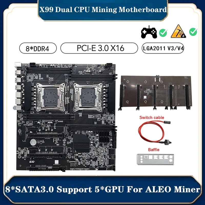 

X99 CPU Motherboard ALEO Mining Motherboard +Switch Cable+Baffle LGA2011 V3/V4 8XDDR4 RAM Slot PCIE 16X 8XSATA3.0 Supports 5 GPU
