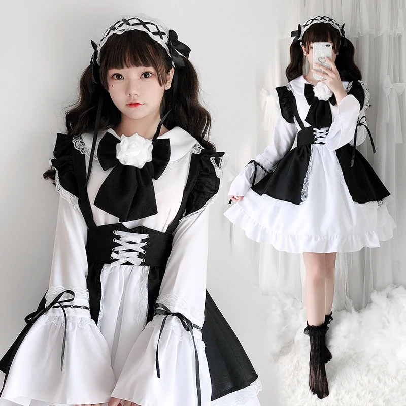 

Women Girls JP Anime Kawaii Maid Gothic Lolita Dresses Apron Halloween Cosplay Costume Party Role Play Dress Up Waitress Outfit