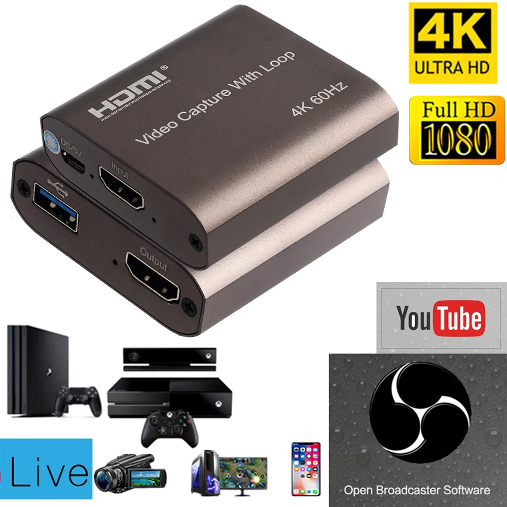 4K 60hz Loop Out HDMI Capture Card Audio Video Recording Plate Live Streaming USB 2.0 3.0 1080p Grabber for PS4 Game DVD Camera 
4K 60hz Loop Out HDMI Capture Card Audio Video Recording Plate Live Streaming USB 2.0 3.0 1080p Grabber for PS4 Game DVD Camera