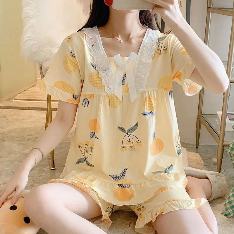 Pajamas Summer Women's Short-Sleeved Shorts Korean Version Sweet Princess Style Student Cute Two Piece Sets Pajamas Homewear
Pajamas Summer Women's Short-Sleeved Shorts Korean Version Sweet Princess Style Student Cute Two Piece Sets Pajamas Homewear