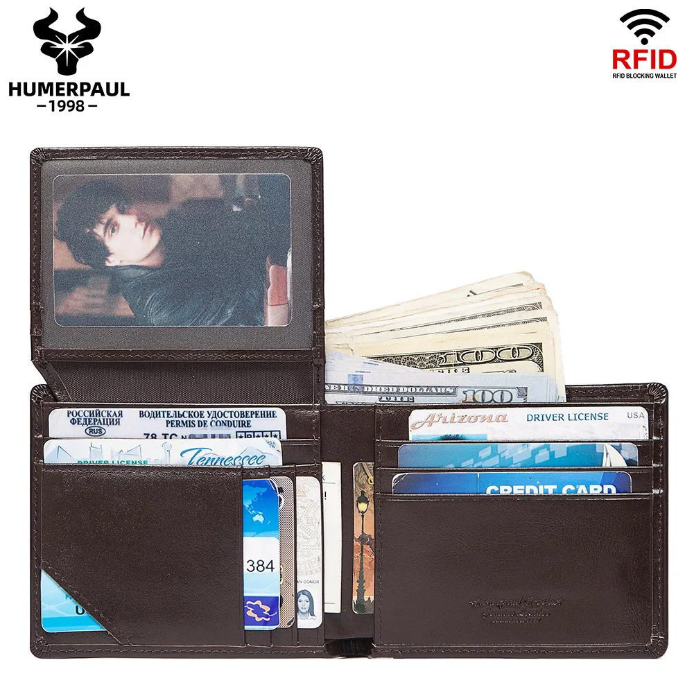 HUMERPAUL Men's Real Leather Bifold Wallet RFID Blocking Anti Theft Card Holder With 2 ID Window Luxury Small Clutch Coin Purse
HUMERPAUL Men's Real Leather Bifold Wallet RFID Blocking Anti Theft Card Holder With 2 ID Window Luxury Small Clutch Coin Purse