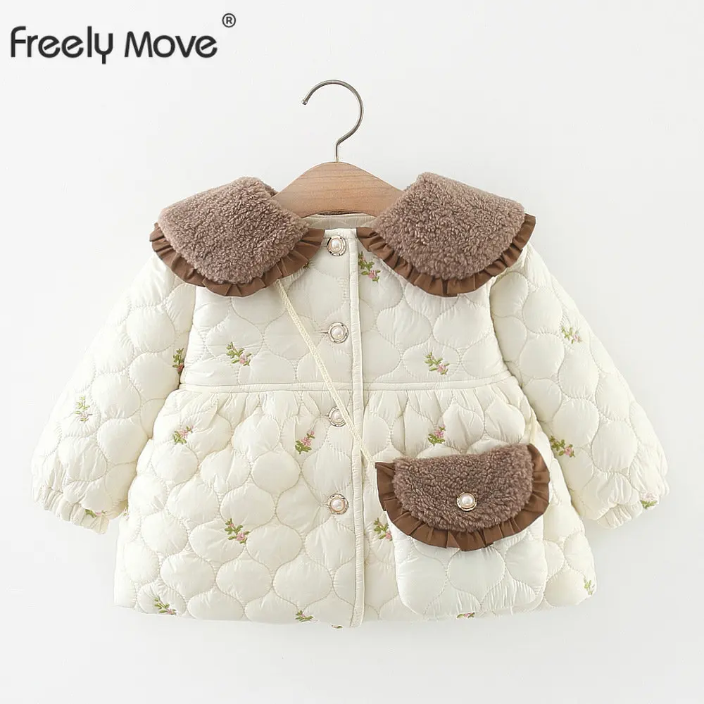 

Freely Move Baby Girls Winter Coat Lapel Embroidery Cotton Padded Warm Coats Jackets Kids Children Overcoats Clothes with Bag