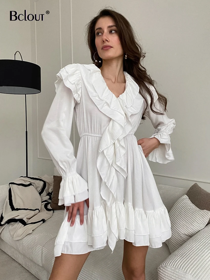 

Bclout Elegant Chiffon White Dress Women Fashion Ruffled Puff Sleeve Solid A-Line Dresses 2024 Vintage Party Mini Dresses Female