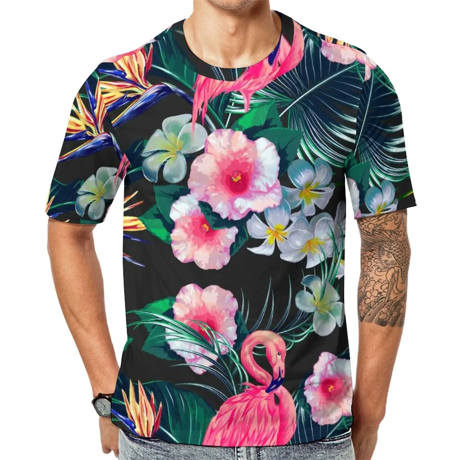 

Forest Palm Leaves T Shirt Floral and Flamingo Print Men Fashion T-Shirts Summer Printed Tees Short Sleeves Casual Big Size Tops