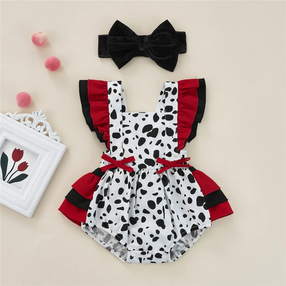 2022 Newborn Baby Girl Lovely Gothic Style Summer Bodysuits Infant Kids Flying Sleeves Cow Print Ruffle Bow Romper With Headband
2022 Newborn Baby Girl Lovely Gothic Style Summer Bodysuits Infant Kids Flying Sleeves Cow Print Ruffle Bow Romper With Headband