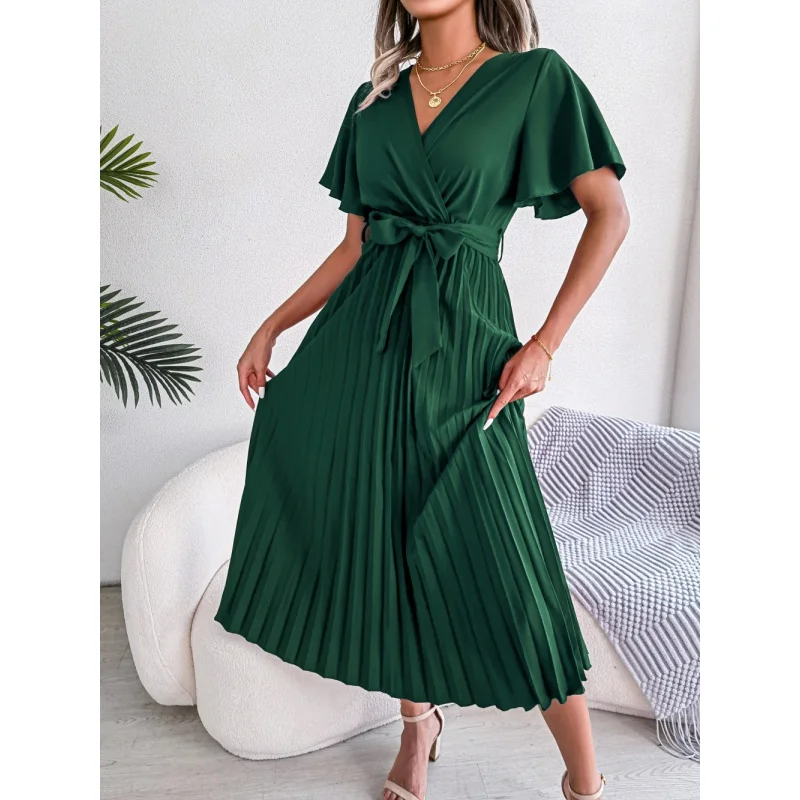 Women's New Spring and Summer Short-sleeved Dress Temperament Cross V-neck Pleated Chiffon Long Skirt
Women's New Spring and Summer Short-sleeved Dress Temperament Cross V-neck Pleated Chiffon Long Skirt