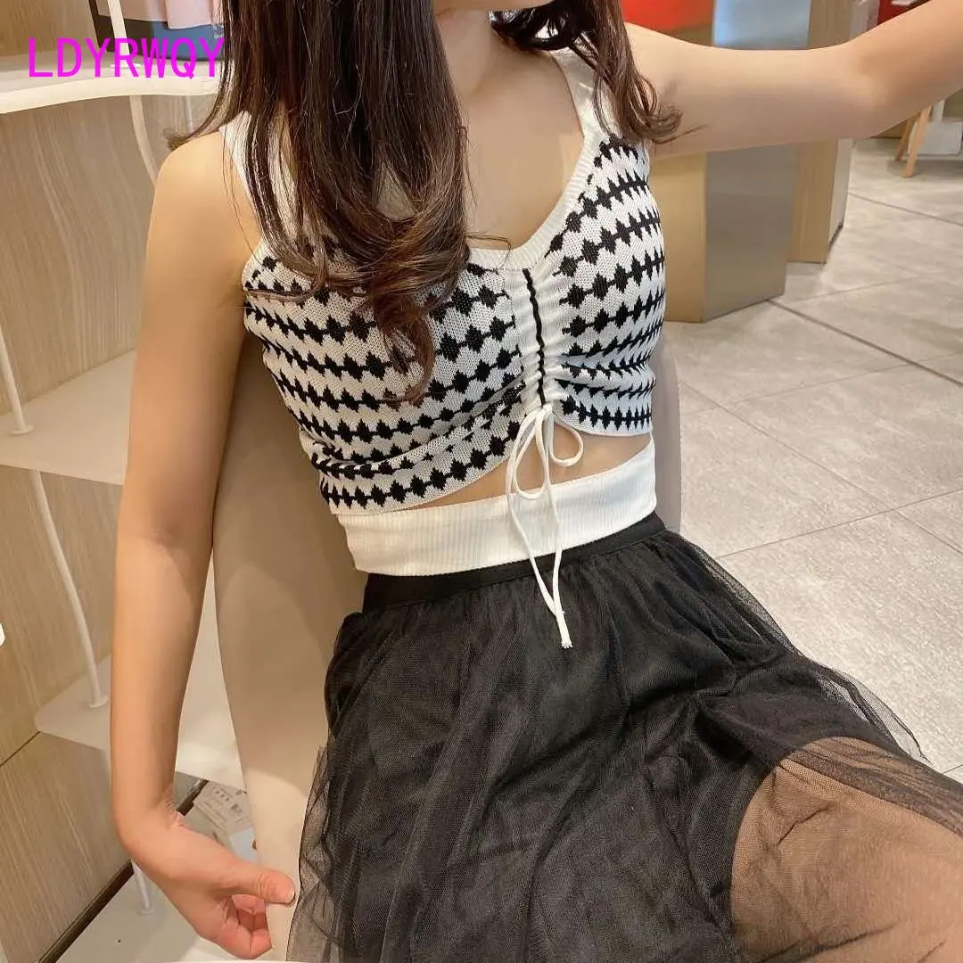 

Sexy short knitted suspender women's drawcord design with open navel checked bottom vest vest camisole Tanks