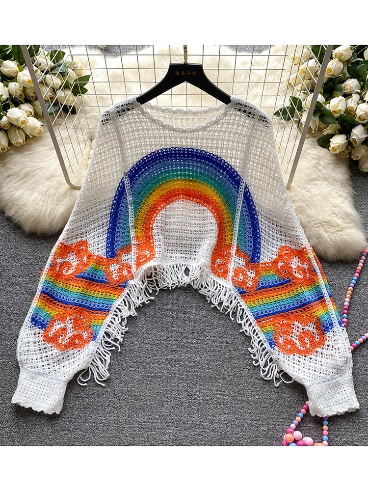 Women Autumn Blouse Niche Holiday Rainbow Printed Hollowed Out Knit Top with Loose Casual Versatile and Unique Outerwear D4797
Women Autumn Blouse Niche Holiday Rainbow Printed Hollowed Out Knit Top with Loose Casual Versatile and Unique Outerwear D4797