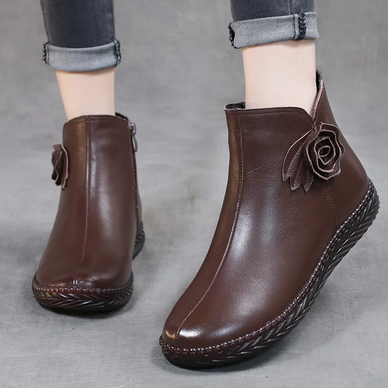 

Women's Boots Flat Bottomed Cotton Boots for The Middle-aged and Elderly New Winter Leather Warm Mom's Short Boots Women Shoes