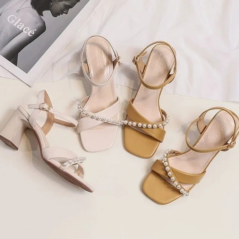 

2022 New Women's High Heeled Sandals Fashion Summer Shoes Ankle Buckle Strap Pearls Open Toe Apricot Yellow Chunky Heels