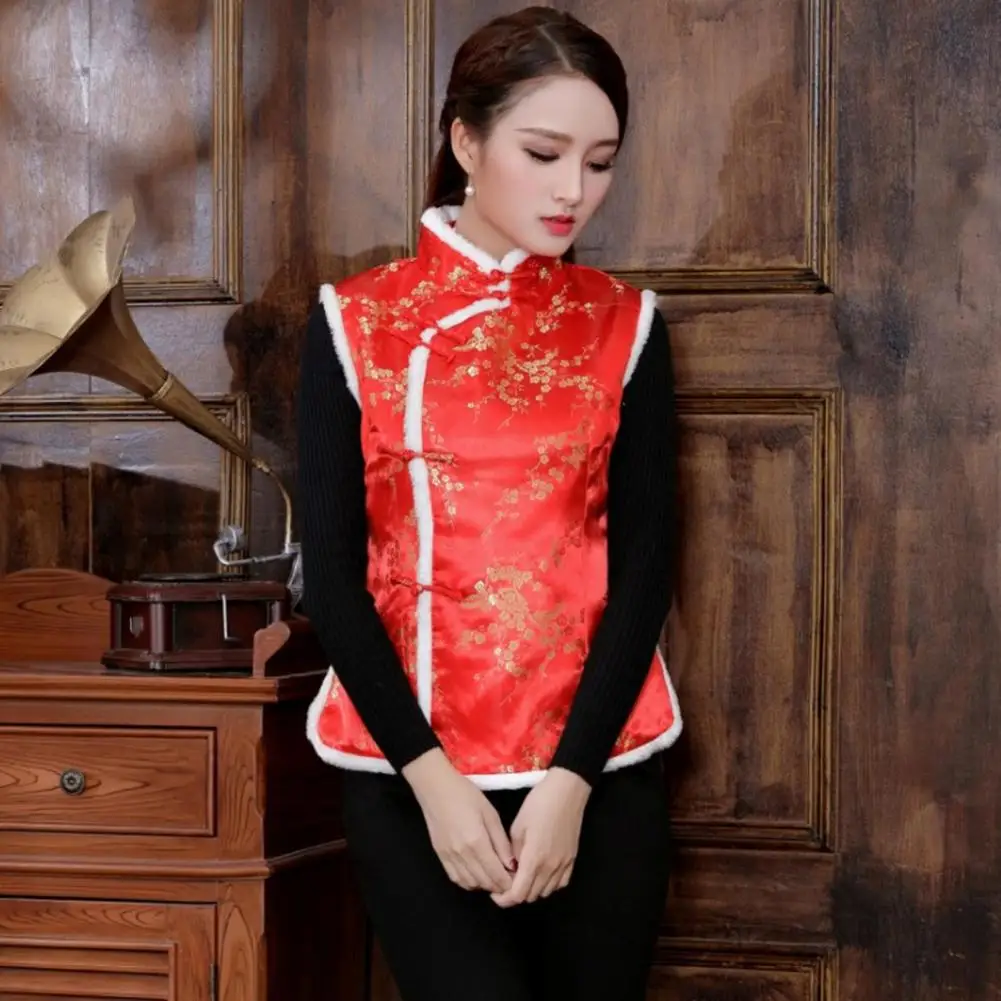 

Chic Women New Year Vest Traditional Neck Protection Sleeveless Festive Winter Coat Cheongsam Winter Waistcoat Lady Garment