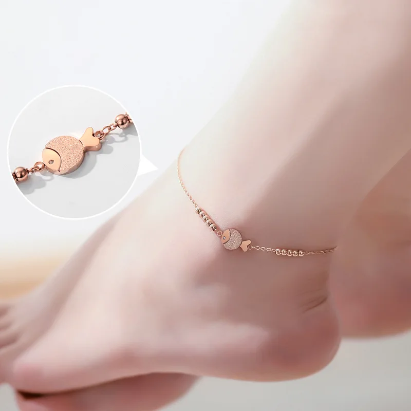 

Rose Gold Color Stainless Steel Chain Beaded Anklet for Women Cute Little Goldfish Beach Does Will Not Fade Anklets Bracelets