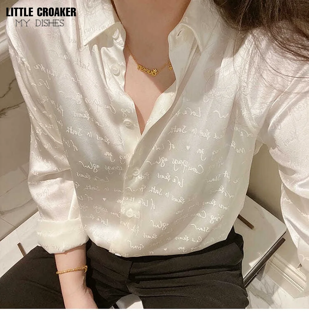 French Womens Office Work Clothing Retro Letter Jacquard Satin Silk Blouses for Women High Quality Elegant Feminine Shirts
French Womens Office Work Clothing Retro Letter Jacquard Satin Silk Blouses for Women High Quality Elegant Feminine Shirts