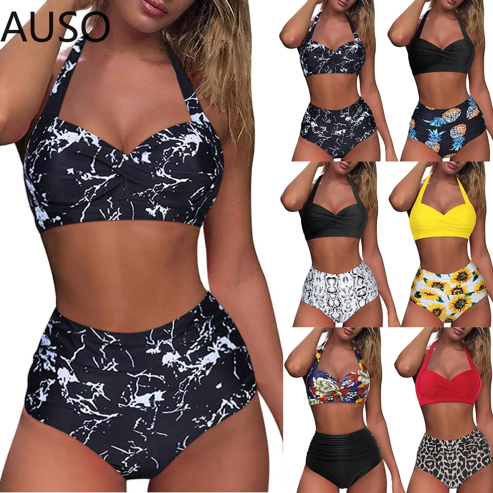 Bikini Women Swimwear Vintage Swimsuit Two Piece Biquini Push Up Retro Halter Ruched High Waist Print Beachwear Bikini Set 
Bikini Women Swimwear Vintage Swimsuit Two Piece Biquini Push Up Retro Halter Ruched High Waist Print Beachwear Bikini Set