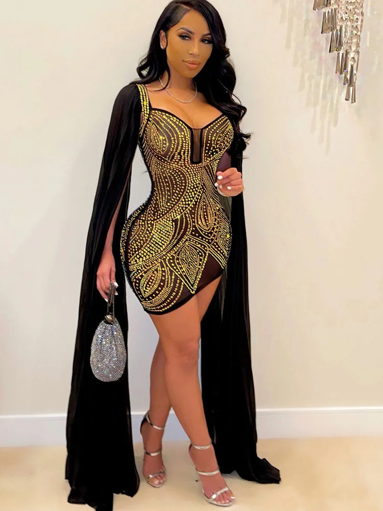 New Flare Cape Sleeve Mesh Crystal Dress Sparkle See Through Sequin Bodycon Party Club Long Shawl Zip Dresses Birthday Outfits
New Flare Cape Sleeve Mesh Crystal Dress Sparkle See Through Sequin Bodycon Party Club Long Shawl Zip Dresses Birthday Outfits
