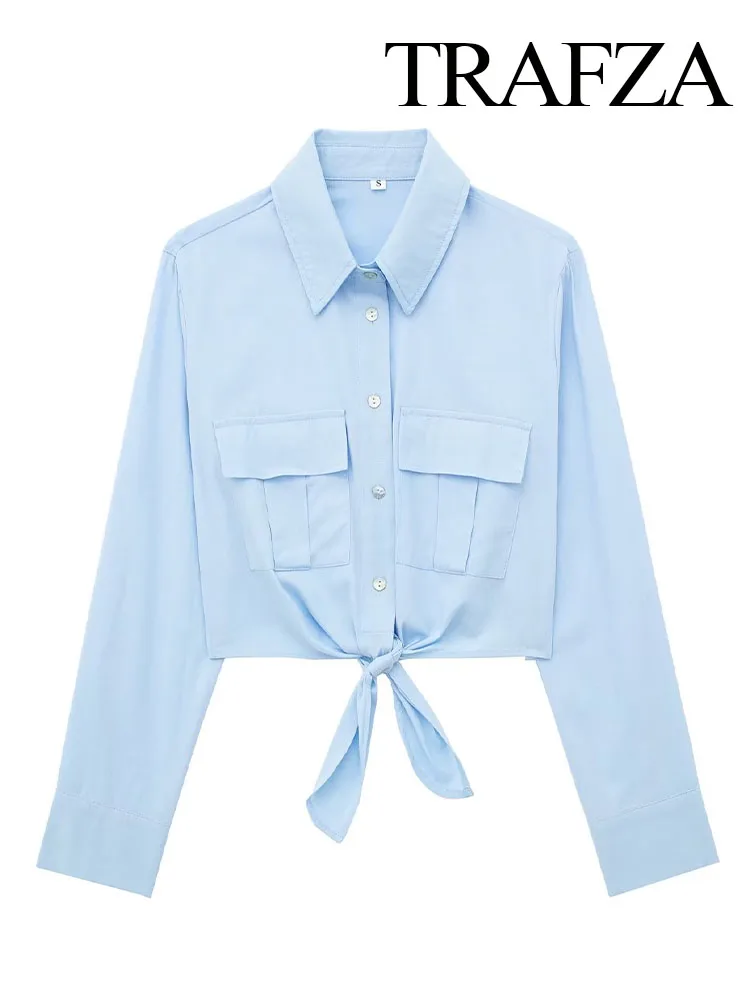 TRAFZA Women New Blue Cropped Shirt Knot Button Up Shirt Casual Long Sleeve Shirts and Blouses For Women Summer Collared Shirt
TRAFZA Women New Blue Cropped Shirt Knot Button Up Shirt Casual Long Sleeve Shirts and Blouses For Women Summer Collared Shirt