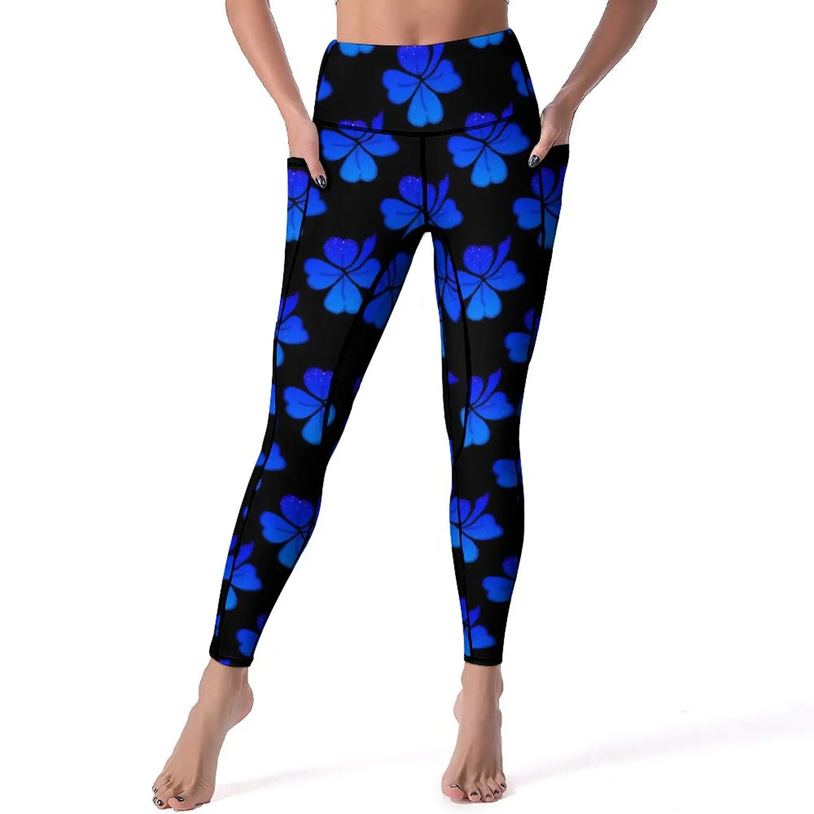 

St Patricks Day Quality Leggings Blue Shamrock Print Push Up Yoga Pants Elegant Stretchy Leggins Female Running Sports Tights