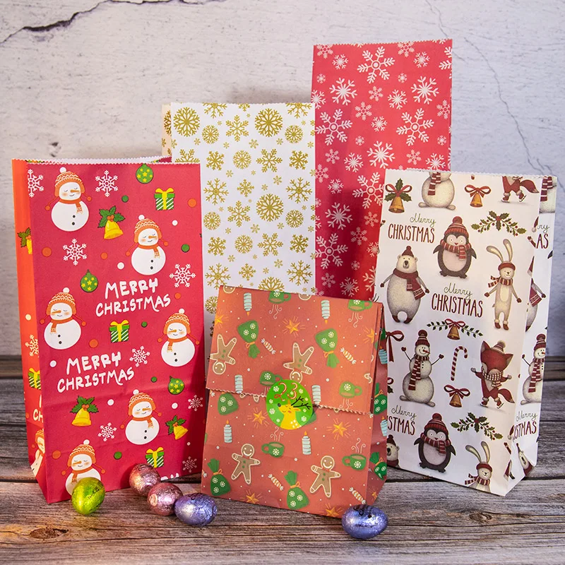 

5 шт. рождественские пакеты из крафт-бумаги, Санта-Клаус, снежинка, олень, Рождество, новогодвечерние Праздничная Сумочка для конфет, конфеты, аксессуары