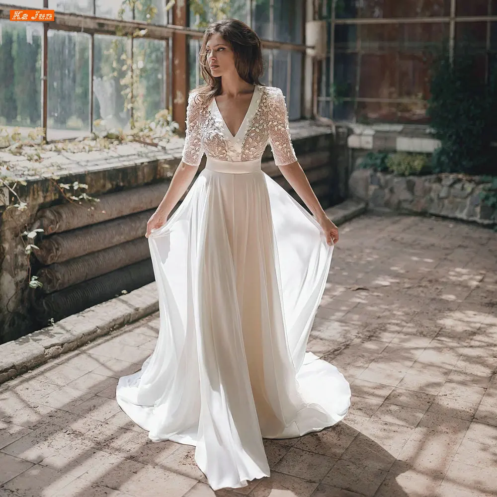 KA JUN Boho V Neck Half Sleeves Wedding Dress Vestidos De Noiva Lace Appliques Beaded Robe De Mariée A Line Chiffon Bridal Gown
KA JUN Boho V Neck Half Sleeves Wedding Dress Vestidos De Noiva Lace Appliques Beaded Robe De Mariée A Line Chiffon Bridal Gown