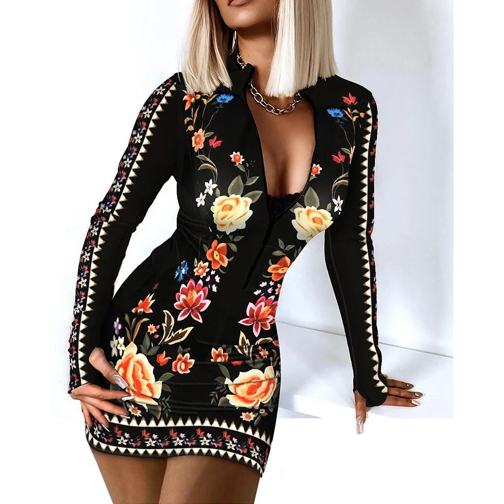 2023 Spring Women Long Sleeve Floral Print Zip Front Bodycon Mini Dress Mock Neck Slim Casual Dresses For Women Spring Autumn
2023 Spring Women Long Sleeve Floral Print Zip Front Bodycon Mini Dress Mock Neck Slim Casual Dresses For Women Spring Autumn