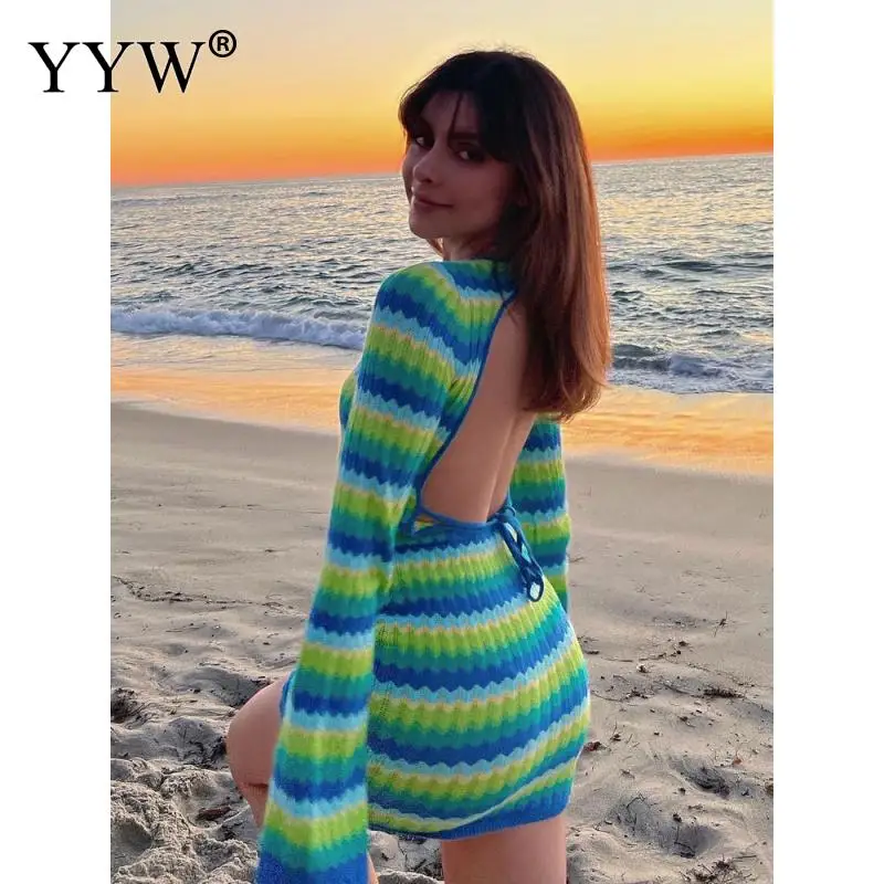 2022 Spring Summer Women Beach Dresses Sexy Y2K Strip Knitted Woolen Bodycon Backless Casual Mini Dress Party Outfits Hip Skirt
2022 Spring Summer Women Beach Dresses Sexy Y2K Strip Knitted Woolen Bodycon Backless Casual Mini Dress Party Outfits Hip Skirt