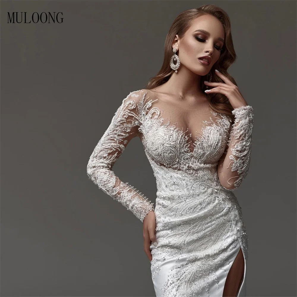 

MULOONG V Neck Full Sleeve Lace Applique Wedding Dress Floor Length Backless High Side Slit Sweep Train Gowns Vestidos De Novia