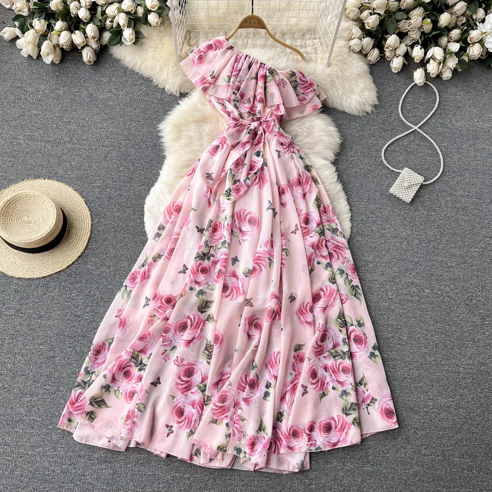 Women's Runway Fashion Spring Summer One shoulder Print Chiffon Dress Female High Waist Chic Slim Party Beach Dress TB2406
Women's Runway Fashion Spring Summer One shoulder Print Chiffon Dress Female High Waist Chic Slim Party Beach Dress TB2406