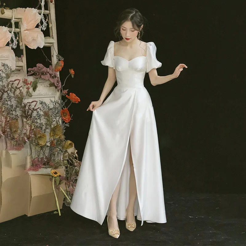 

Pleated Cheongsams Sexy Sweetheart Collar Qipao Temperament White Evening Party Dress Gown Puff Sleeve Bridal Wedding Vestidos