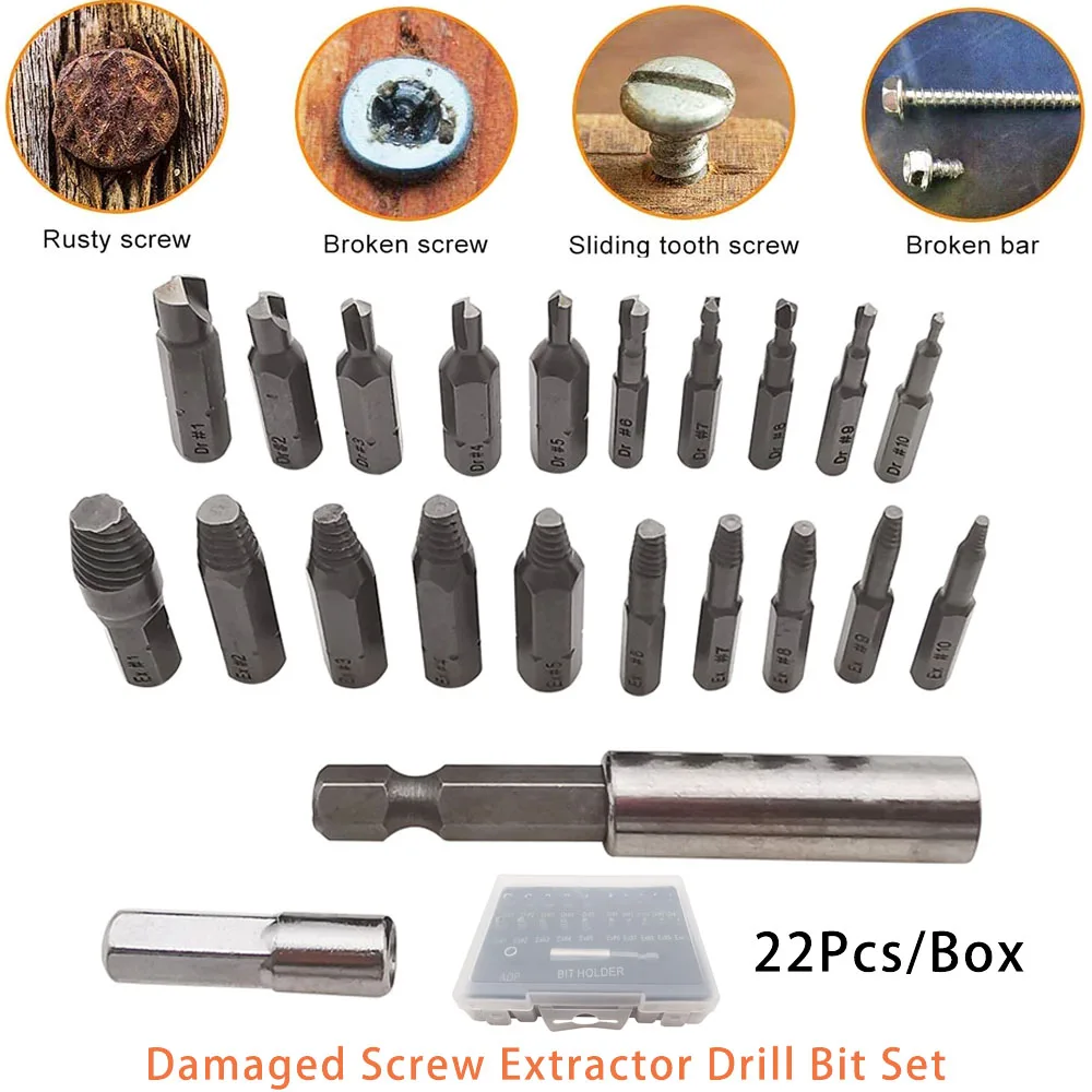 22Pcs/Box Damaged Screw Extractor Remover Drill Bit Set Broken Bolt Damaged Speed Out Screw Extractor Repair Drill Bits Tool Kit
22Pcs/Box Damaged Screw Extractor Remover Drill Bit Set Broken Bolt Damaged Speed Out Screw Extractor Repair Drill Bits Tool Kit