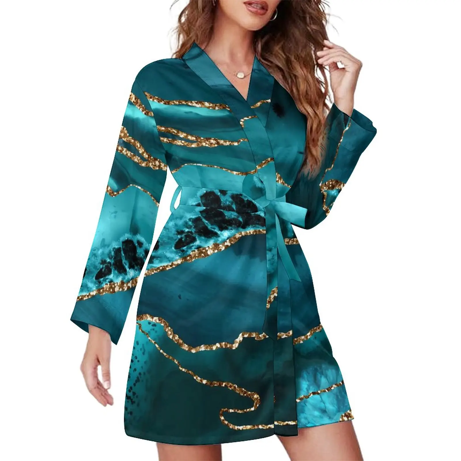 

Блестящий Мраморный Пижамный халат синяя и Золотая пижама с длинным рукавом для сна Халаты женские модные пижамы с V-образным вырезом весеннее платье на заказ