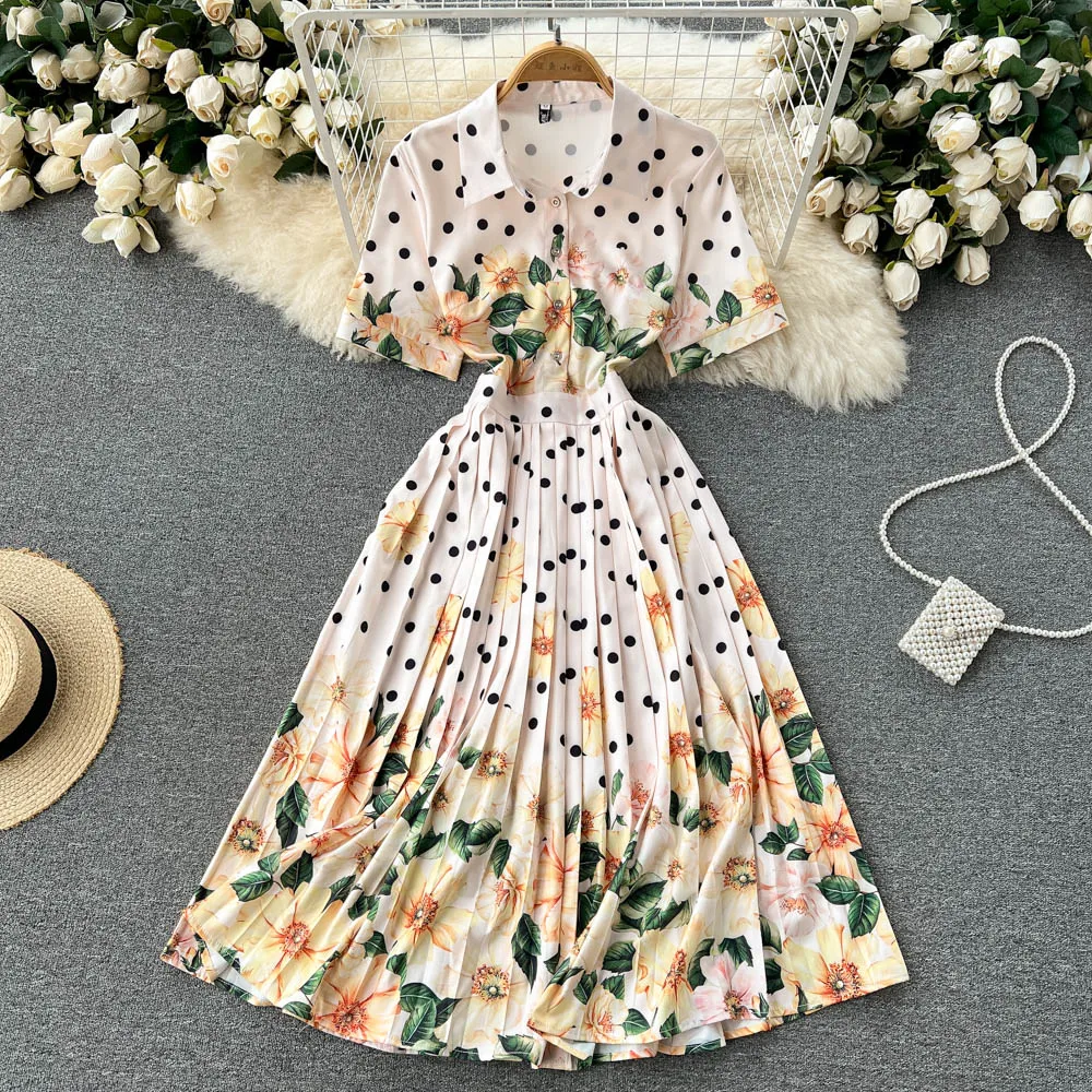 Summer new elegant temperament loose fashion lapel short sleeves high waist slim polka dot print mid-length pleated dress women
Summer new elegant temperament loose fashion lapel short sleeves high waist slim polka dot print mid-length pleated dress women