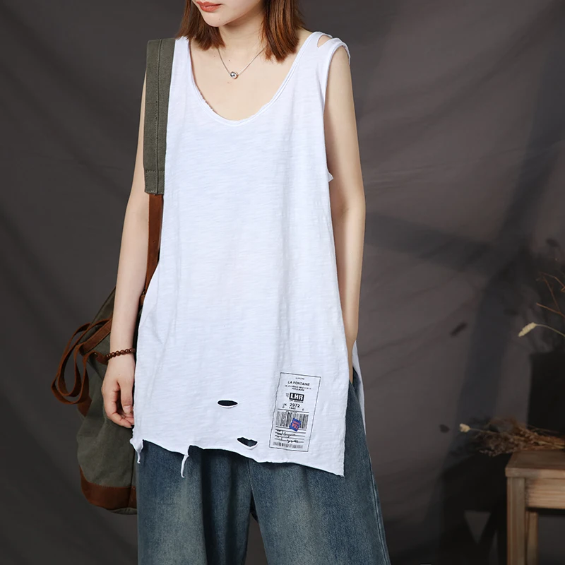 

New Style Women's Outer Wear Literary Loose All-match Slub Cotton Holed Vest Camisole Large Size Sleeveless Tide T-shirt
