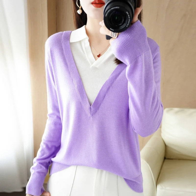 2022 New Shirt Collar Knitted Sweater Women's Top Fake Two-Piece Loose Sweater Western Style Stitching Bottoming Shirt
2022 New Shirt Collar Knitted Sweater Women's Top Fake Two-Piece Loose Sweater Western Style Stitching Bottoming Shirt