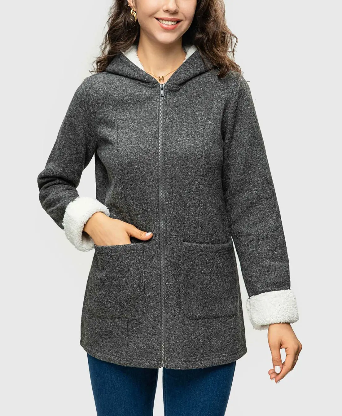 

FASHIONSPARK Women's Knitted Polar Jacket Lightweight Long Sweaters Fleece Interior Warm Fuzzy Coat Full Zip Hooded with Pockets