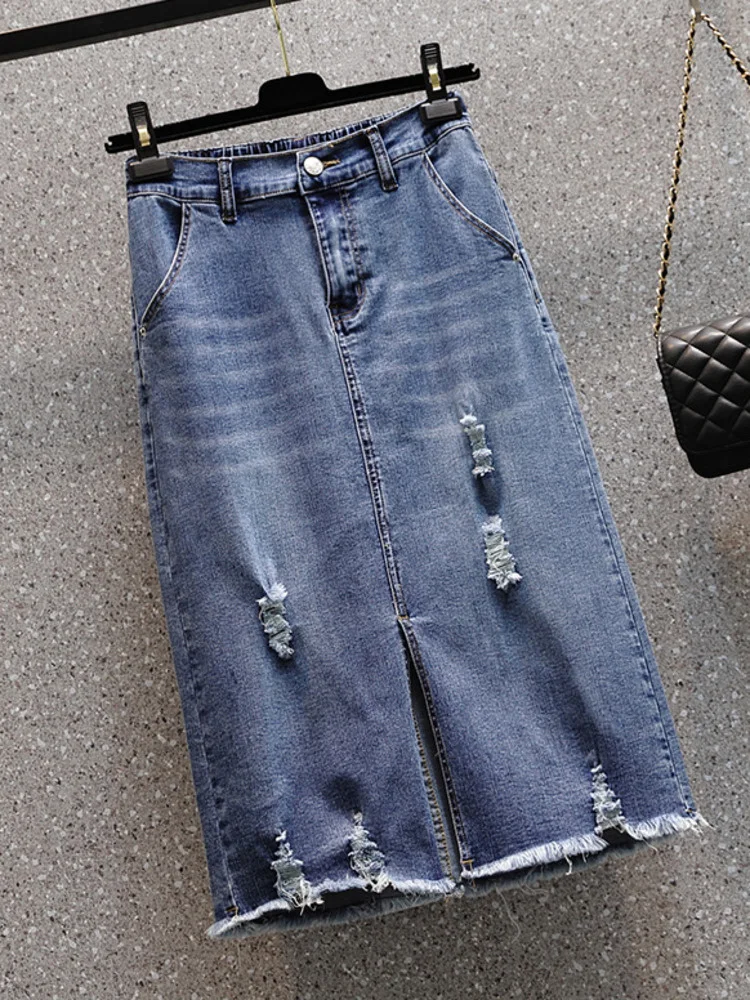 Oversize Stretch Ripped Stretch Denim Mid-calf Skirt Women Summer High Waist A-line Hole Split Korean Vintage Skirts Female
Oversize Stretch Ripped Stretch Denim Mid-calf Skirt Women Summer High Waist A-line Hole Split Korean Vintage Skirts Female