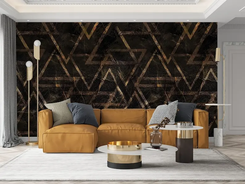 

Gold Look Geometric Triangle Shapes Wall Mural Abstract Dark Color Textured Wallpaper Peel and Stick Pattern Wallpaper, Abstract