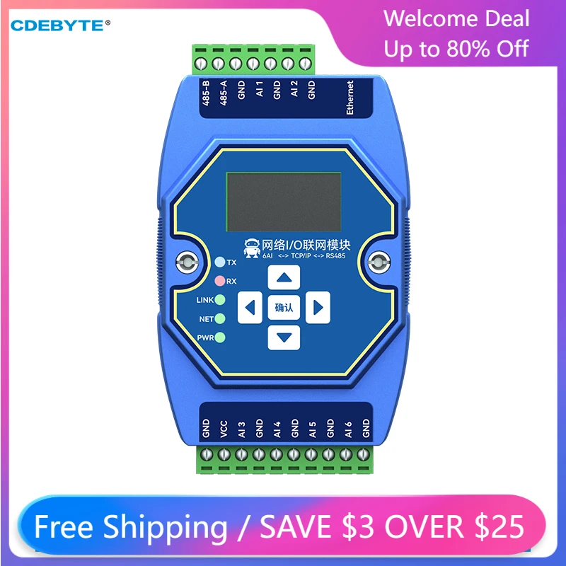 RS485 RJ45 Etherent Analog and Digital Acquisition Control 6AI CDEBYTE ME31-XAXX0600 ModBus TCP RTU I/O Networking Module
RS485 RJ45 Etherent Analog and Digital Acquisition Control 6AI CDEBYTE ME31-XAXX0600 ModBus TCP RTU I/O Networking Module