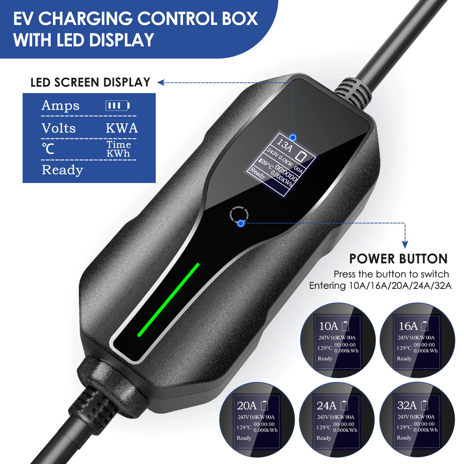 Portable EV Car Charger Type 1 J1772 Typ 2 IEC 62196-2 10-32A 1 Phase 7.2KW Adjustable Current Electric Vehicle Charger For Home
Portable EV Car Charger Type 1 J1772 Typ 2 IEC 62196-2 10-32A 1 Phase 7.2KW Adjustable Current Electric Vehicle Charger For Home