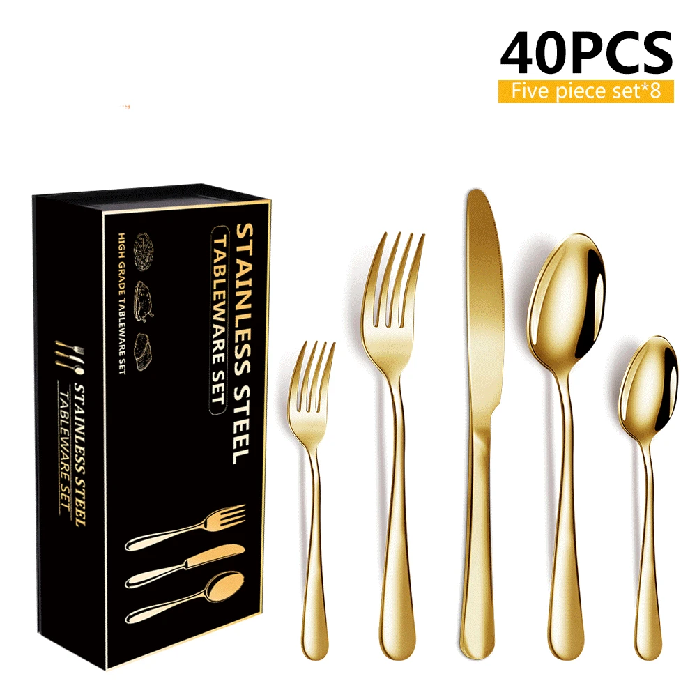 Stainless Steel Western Food Knife fork and Spoon set 40 pieces 1010 cutlery Gold Plated gift box set
Stainless Steel Western Food Knife fork and Spoon set 40 pieces 1010 cutlery Gold Plated gift box set