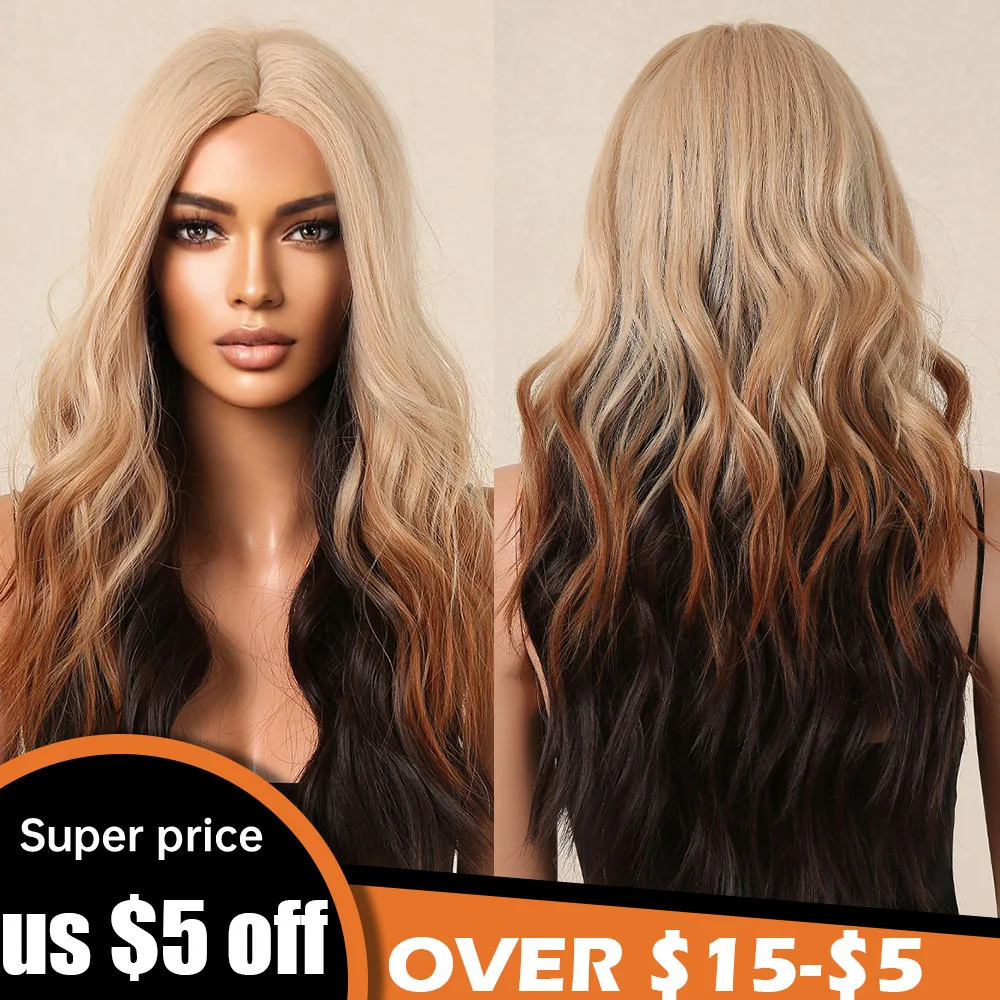 

Ombre Blonde Long Wavy Synthetic Wigs with Bang Auburn Brown Black Layered Hair Wig for Women Daily Party Natural Heat Resistant